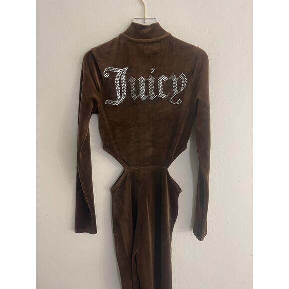 Juicy Couture XS Velour Bling Jumpsuit Pants Brown Zip Up Spell Out Y2K Style - Picture 10 of 12